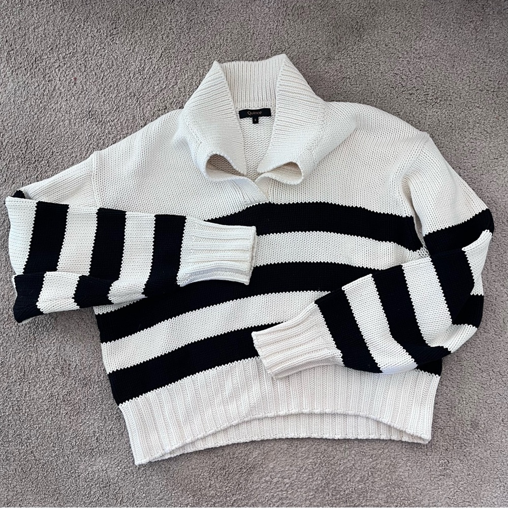 NWOT Quince Small 100% Organic Cotton Cropped Polo Sweater Ivory Black Stripe